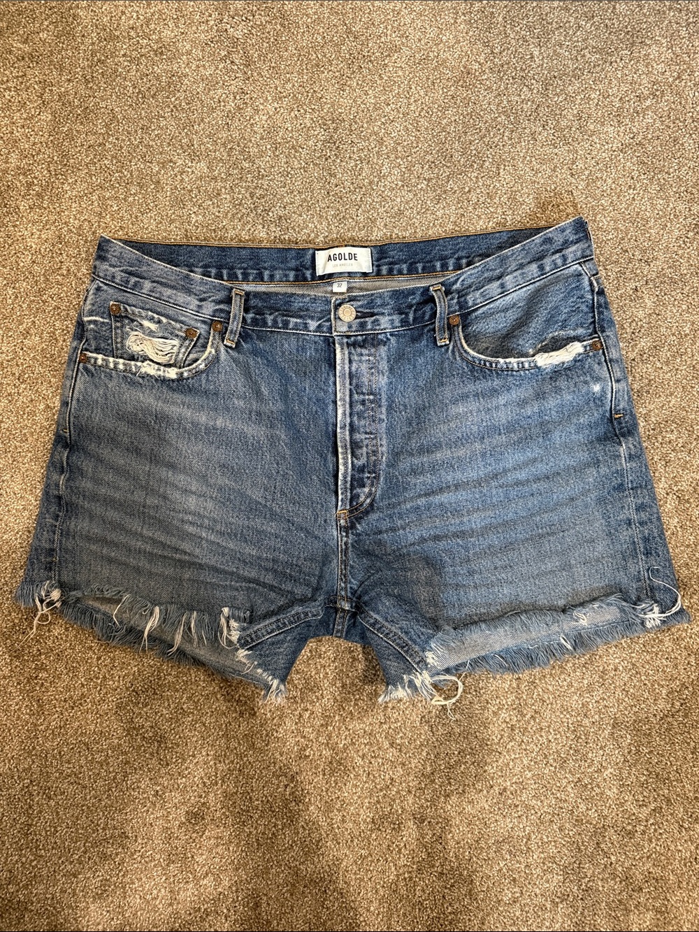 Agolde High-Rise Distressed Jean Shorts in Blue Denim